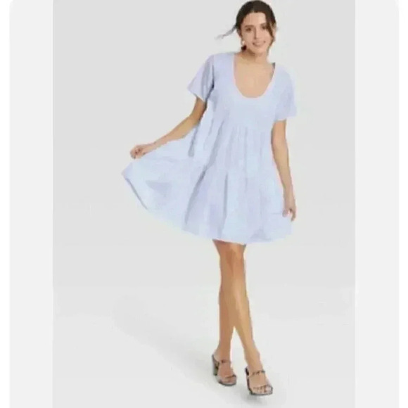 A new day striped blue and white flutter shirt sleeve tiered dress in size xs - Picture 7 of 7